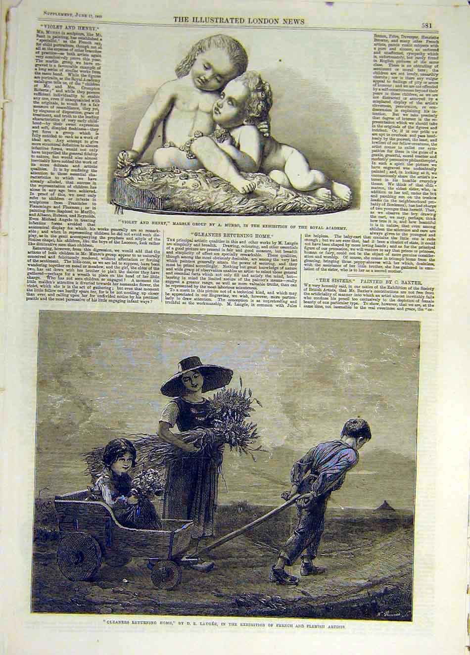 Original Old Antique Print 1865 Marble Staue Violet-Henry Munro Laugee Gleaners