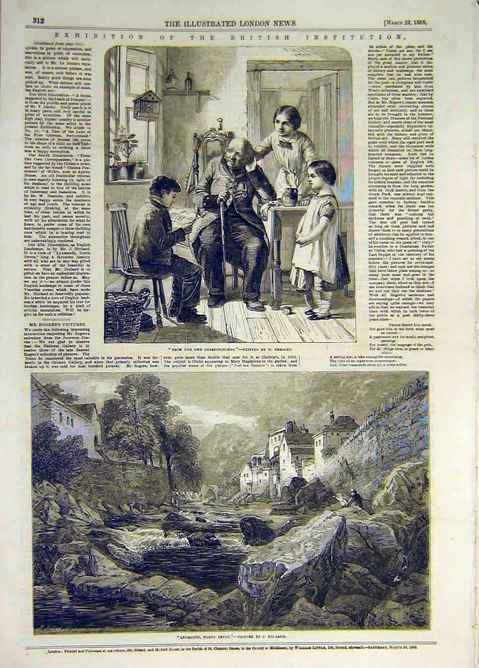 Original Old Antique Print 1856 Hemsley New Family Lynmouth Devon Holland 19th