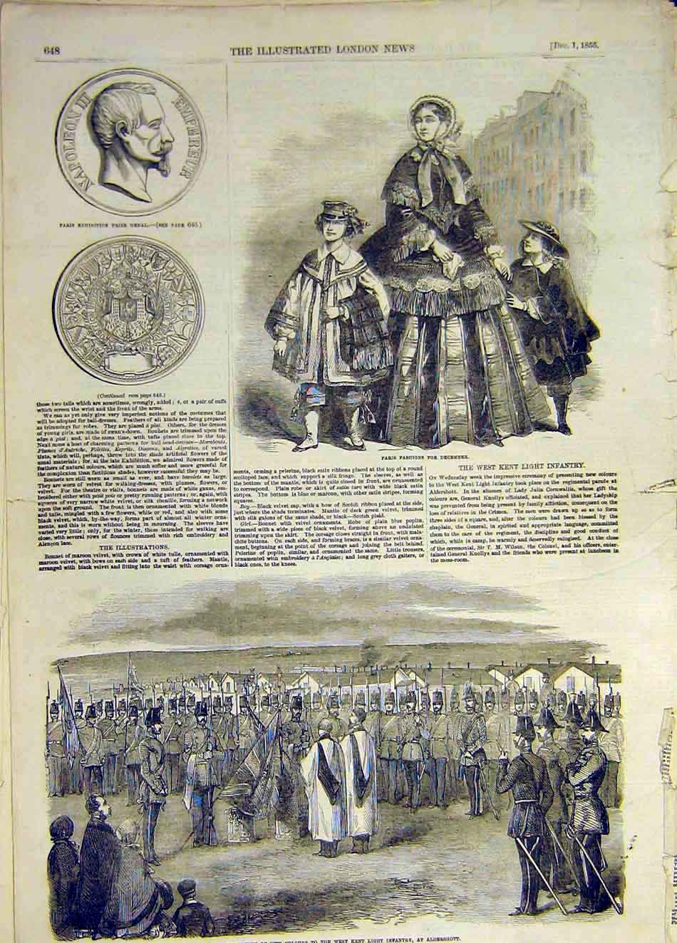 Original Old Antique Print 1855 Paris Fashions Medal Kent Infantry Aldershot