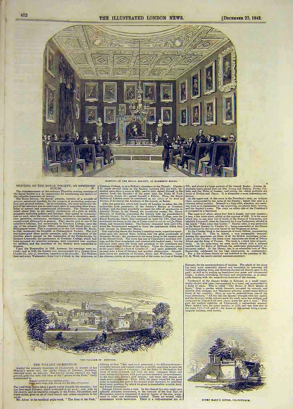 Original Old Antique Print 1846 Somerset House Royal Society Edensor Chatsworth