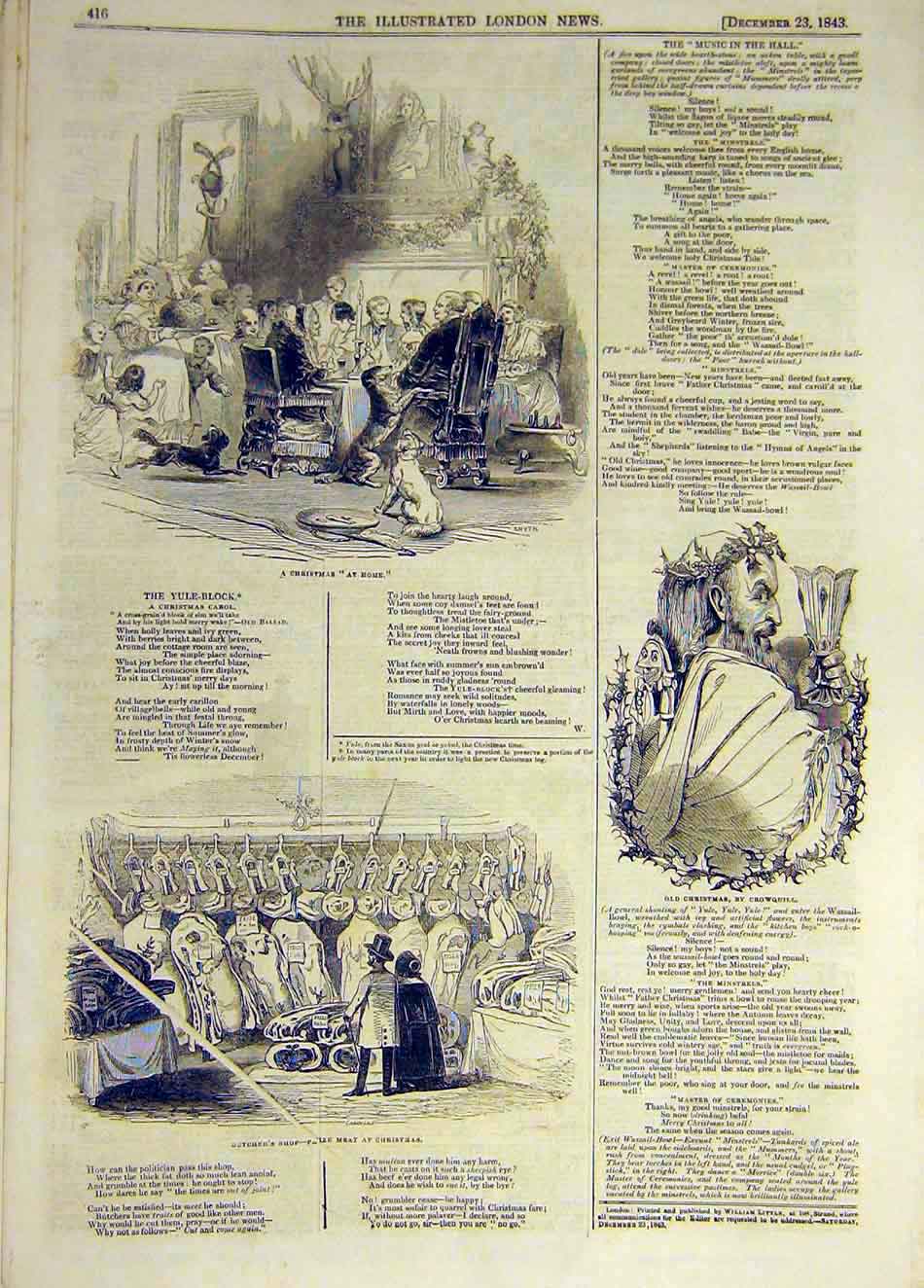Original Old Antique Print 1843 Christmas Home Peom Verse Buthcer Shop Crowquill