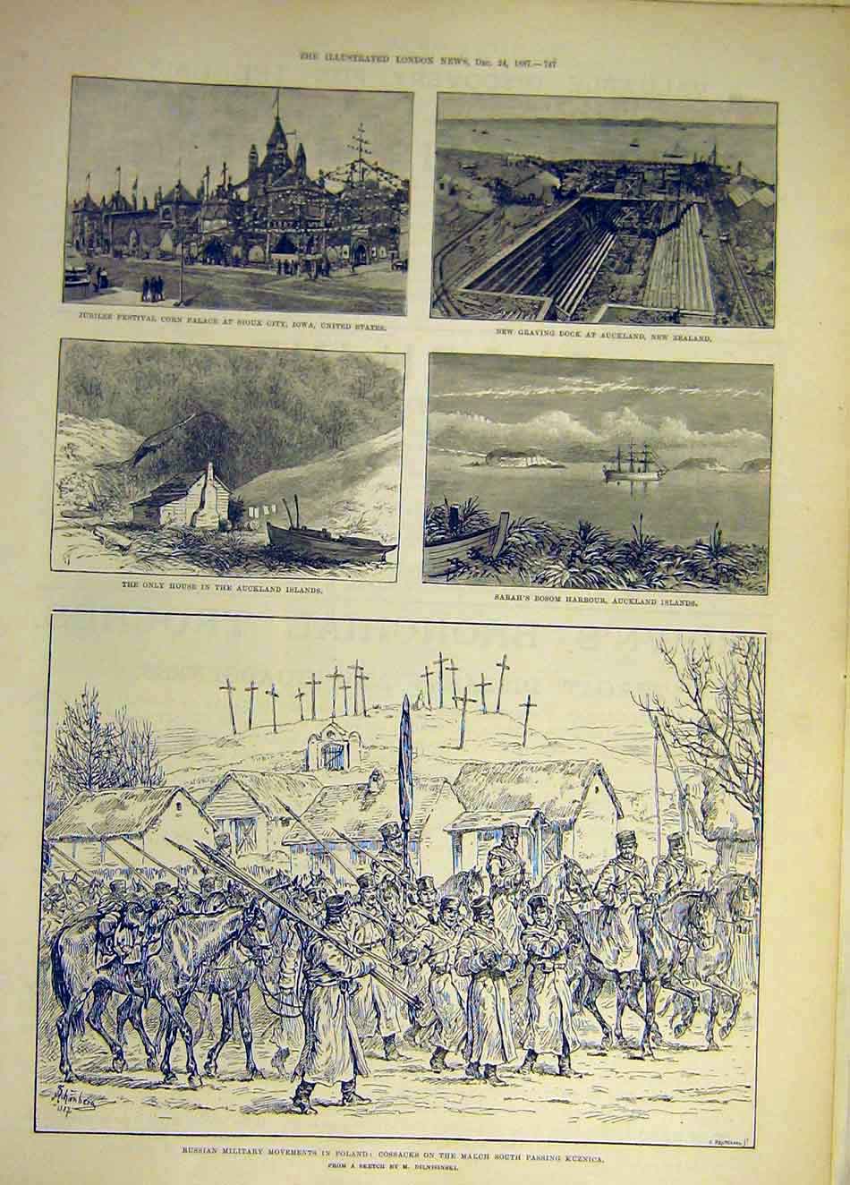Original Old Antique Print 1887 Sioux City Iowa Usa New Zealand Auckland Poland