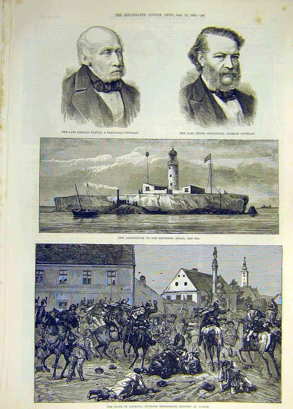 Old Antique Print 1883 Patton Conscience Lighthouse Red-Sea Riot Croatia 19th