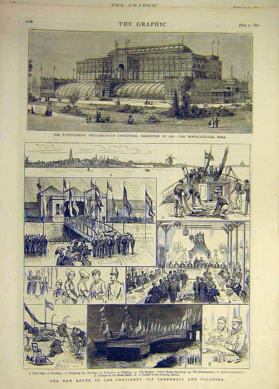 Original Old Antique Print 1875 Philadelphian Exhibition Sheerness Flushing 19th