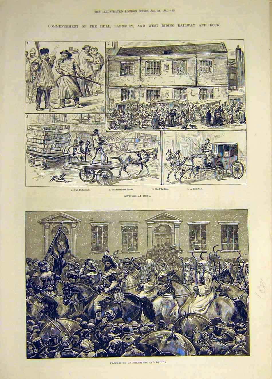Old Antique Print 1881 Hull Barnsley Riding Railway Dock Foresters Druids 19th