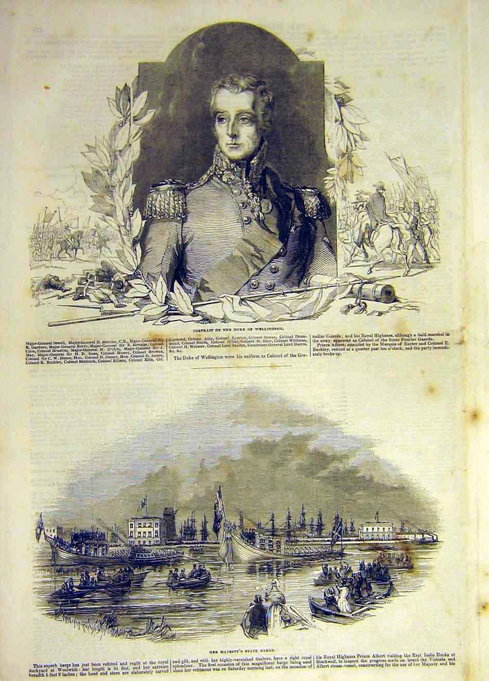 Original Old Antique Print Portrait Duke Wellington State Barge Royal Boat