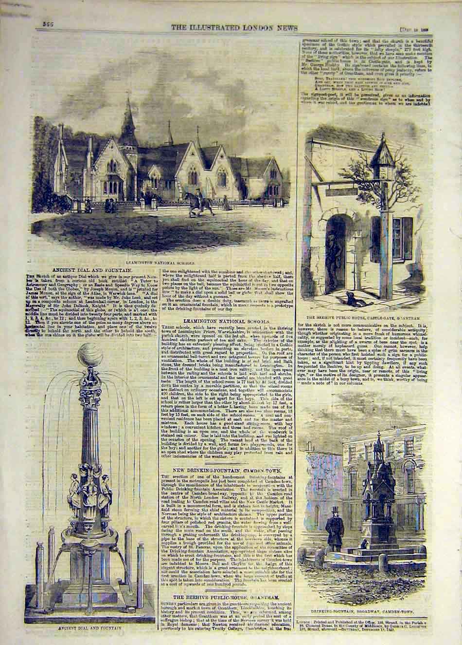 Old Antique Print 1859 Leamington Schools Beehive Grantham Dial Fountain 19th