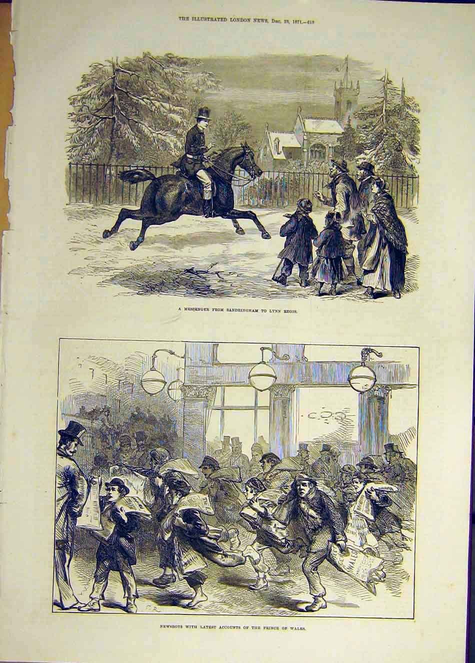 Original Old Antique Print 1871 Messenger Sandringham Lynn-Regis Newsboys 19th