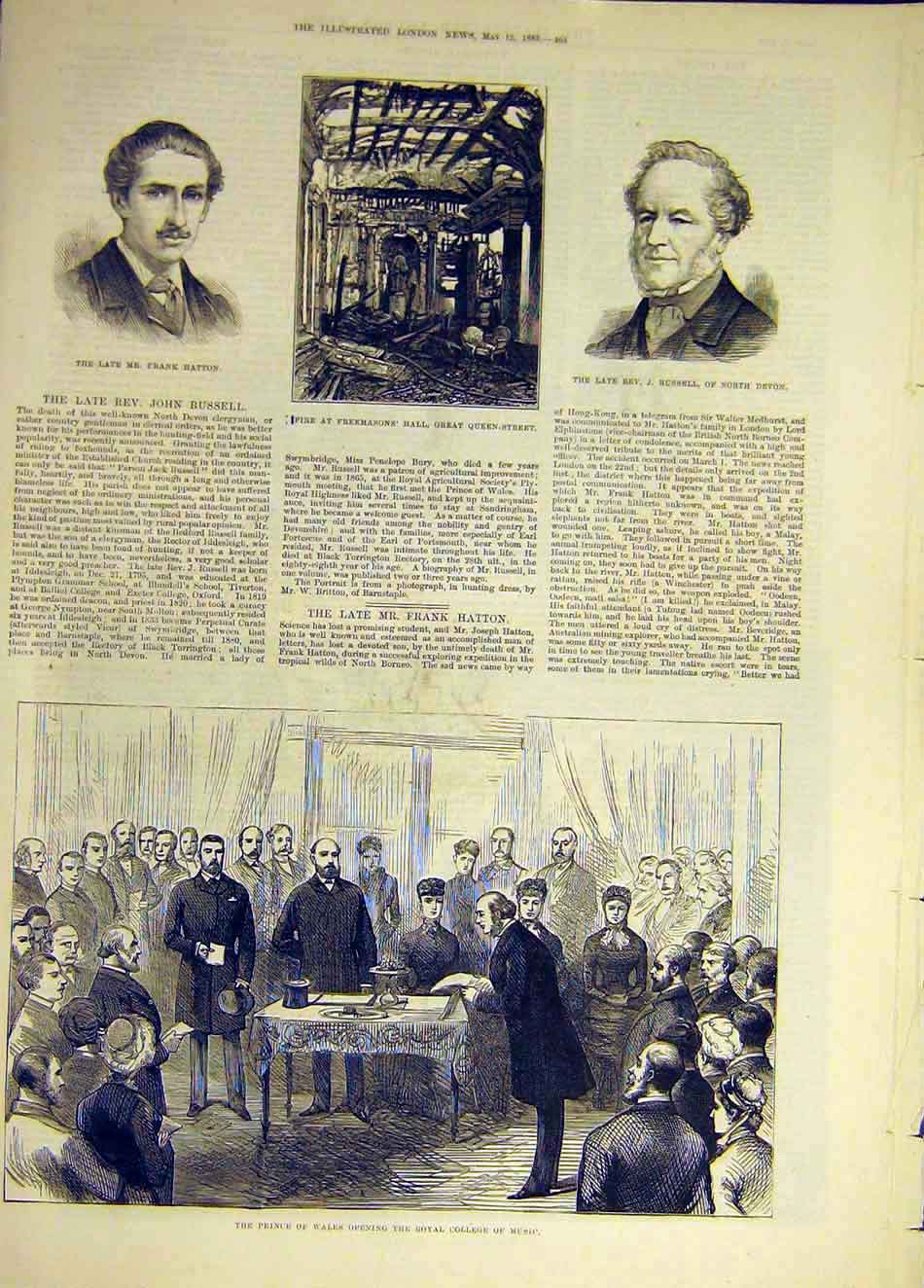 Old Antique Print 1883 Hatton Russell Freemason Hall College Music Prince 19th
