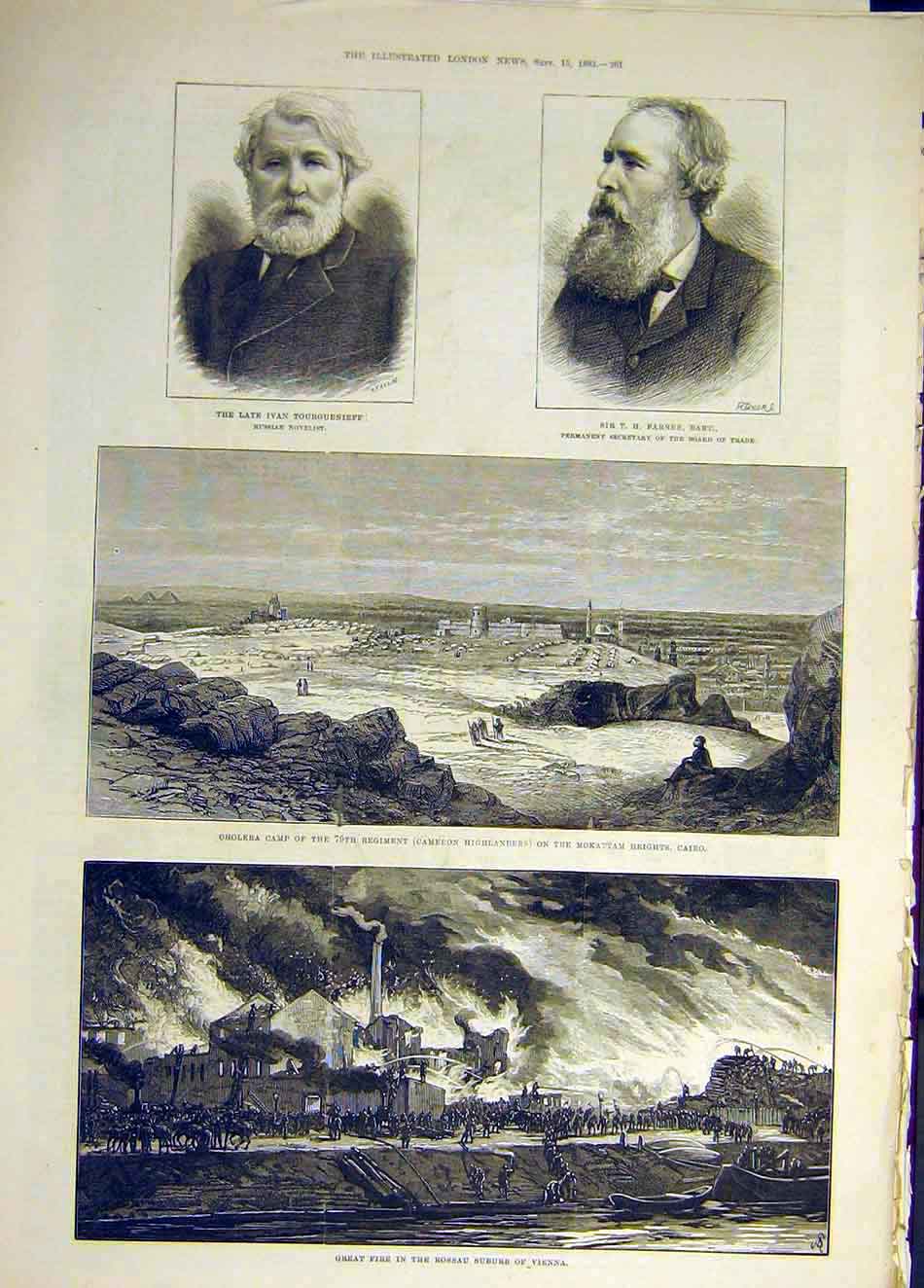 Original Old Antique Print 1883 Tourguenieff Farrer Cholera Cairo Fire Vienna