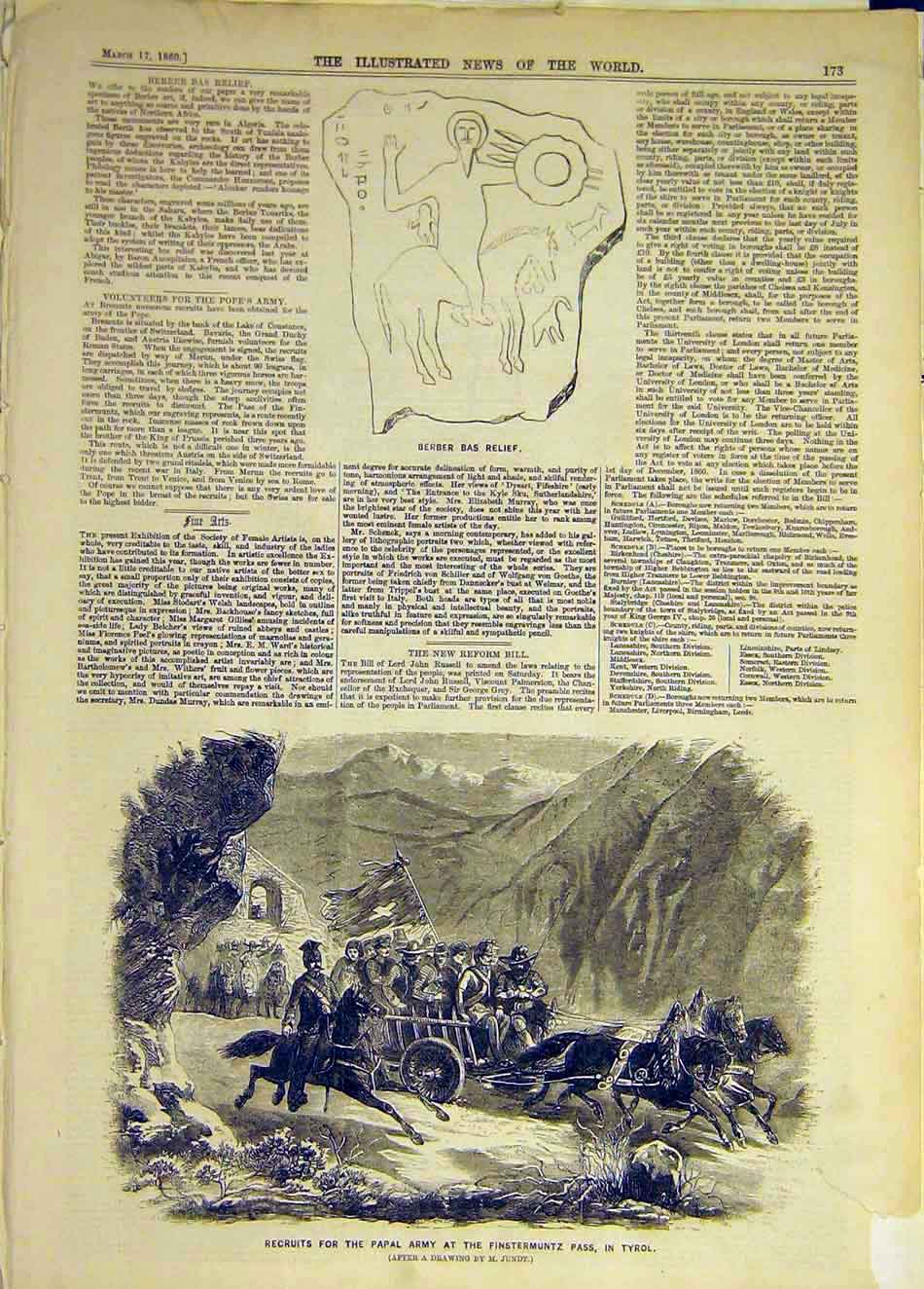 Original Old Antique Print 1860 Berber Bas-Relief Papal Army Tyrol Finstermuntz
