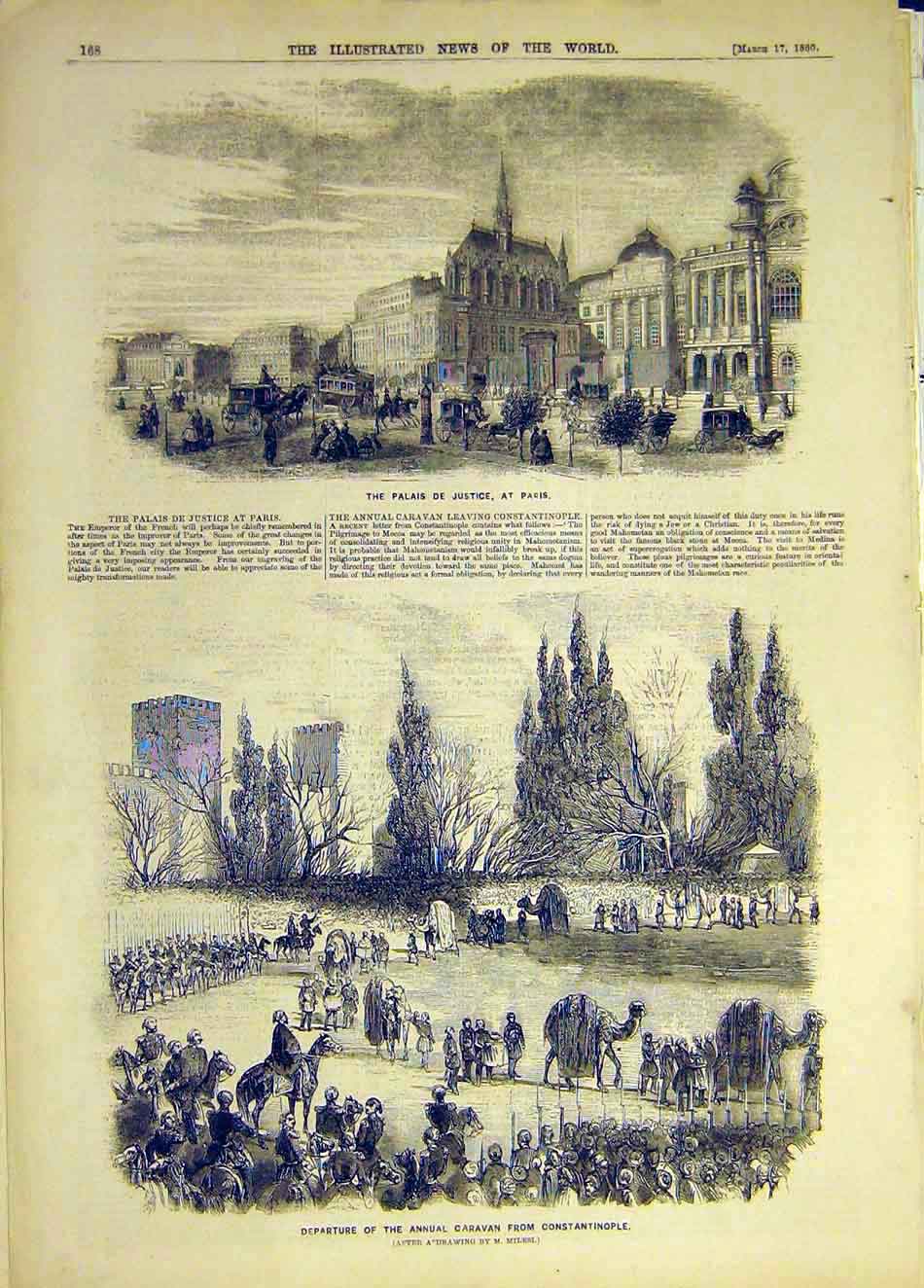 Original Old Antique Print 1860 Palais-De-Justice Paris Caravan Constantinople