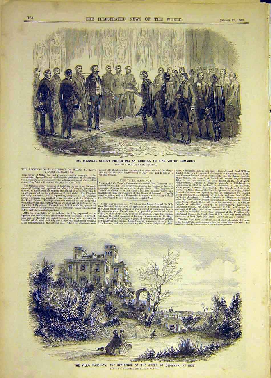 Original Old Antique Print 1860 Milanese Clergy Emmanuel Villa Massingy Nice