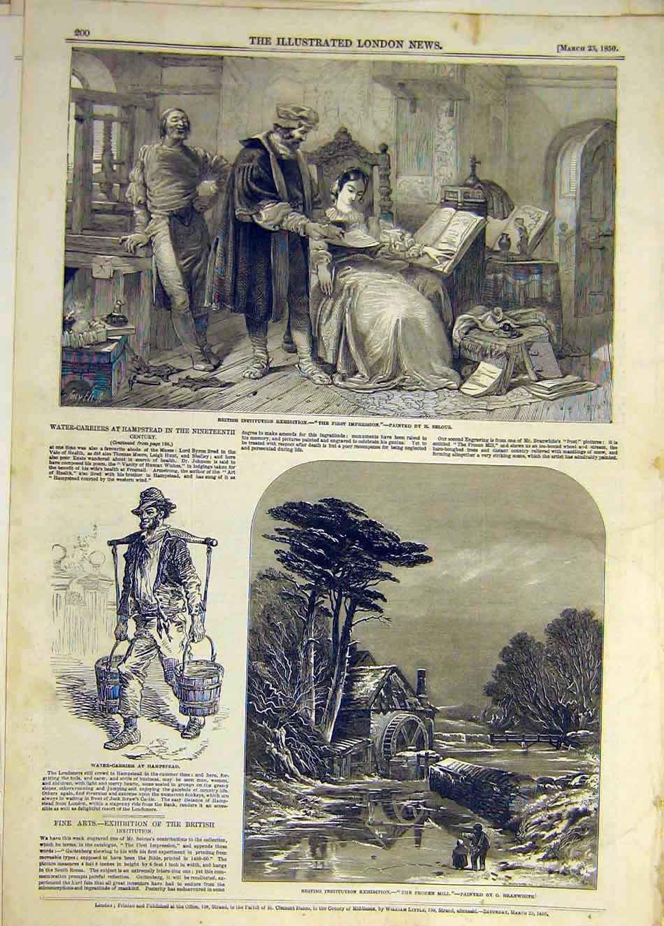 Original Old Antique Print 1850 First-Impression Selous Hampstead Branwhite 19th