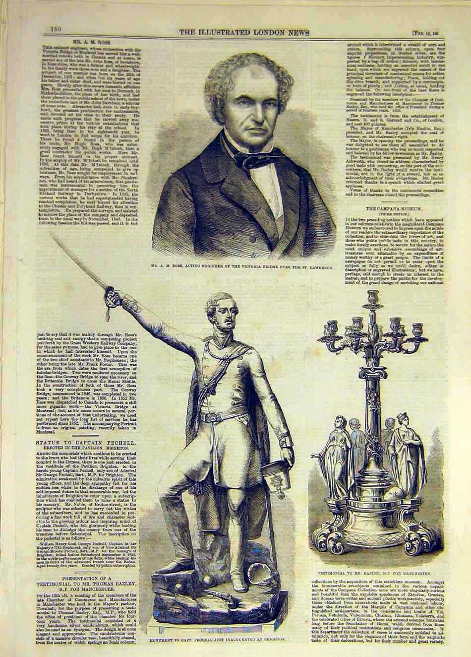 Original Old Antique Print 1859 Ross Engineer Victoria Bridge Pechell Bazley