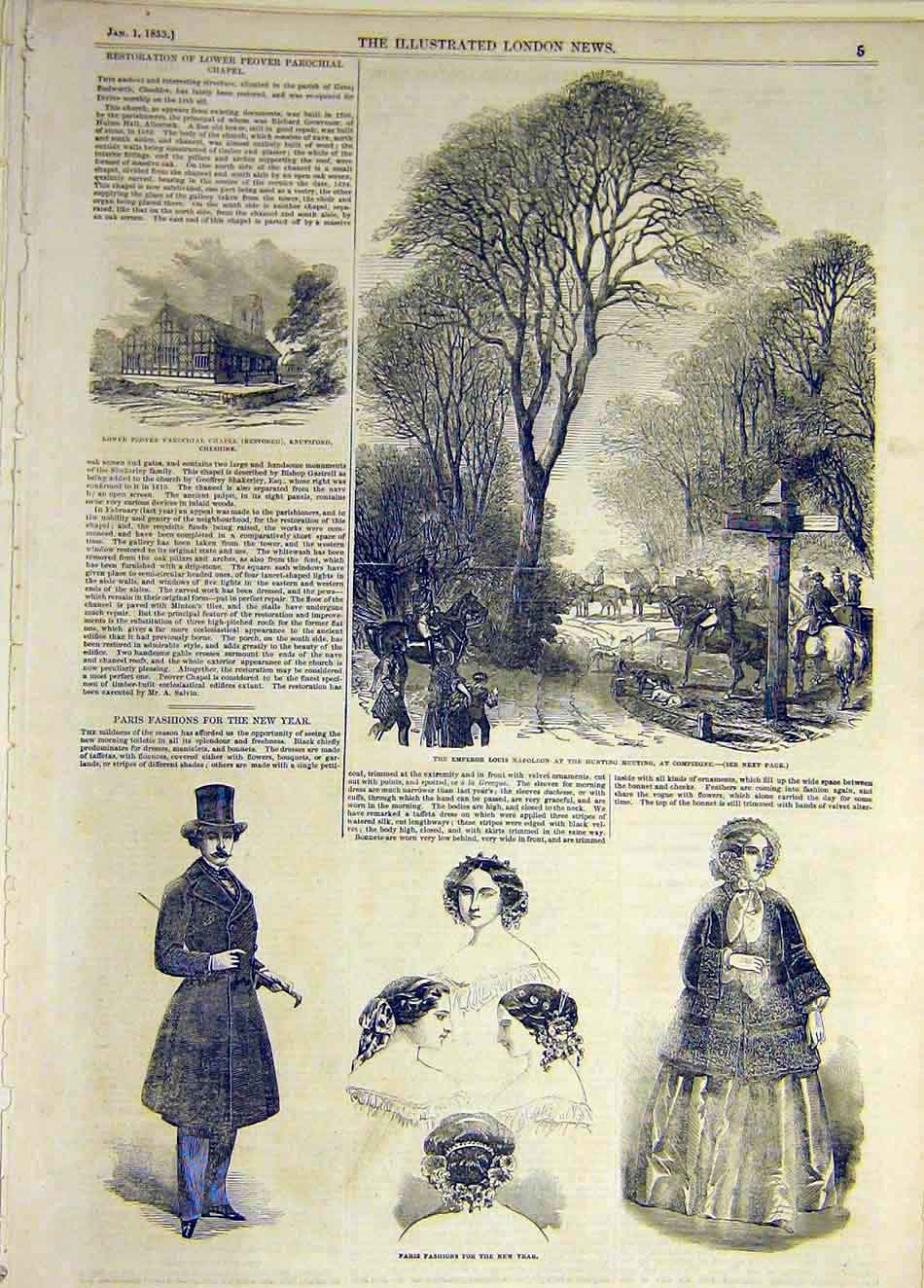 Old Antique Print 1853 Napoleon Hunting Compeigne Paris Fashion Knutsford 19th