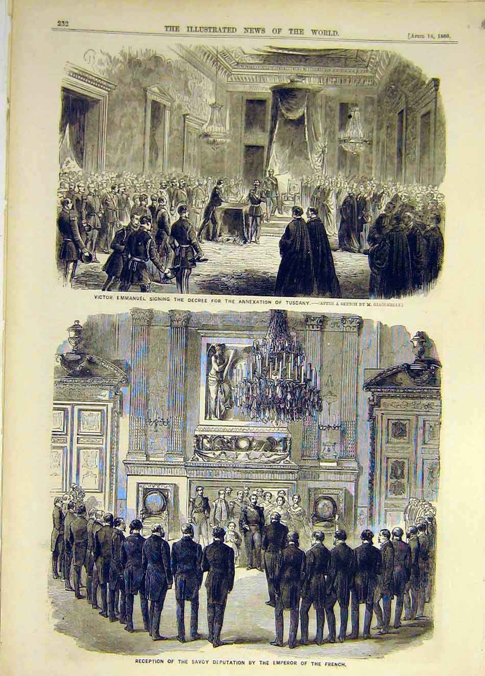 Original Old Antique Print 1860 Emmanuel Decree Tuscany Savoy Emperor French