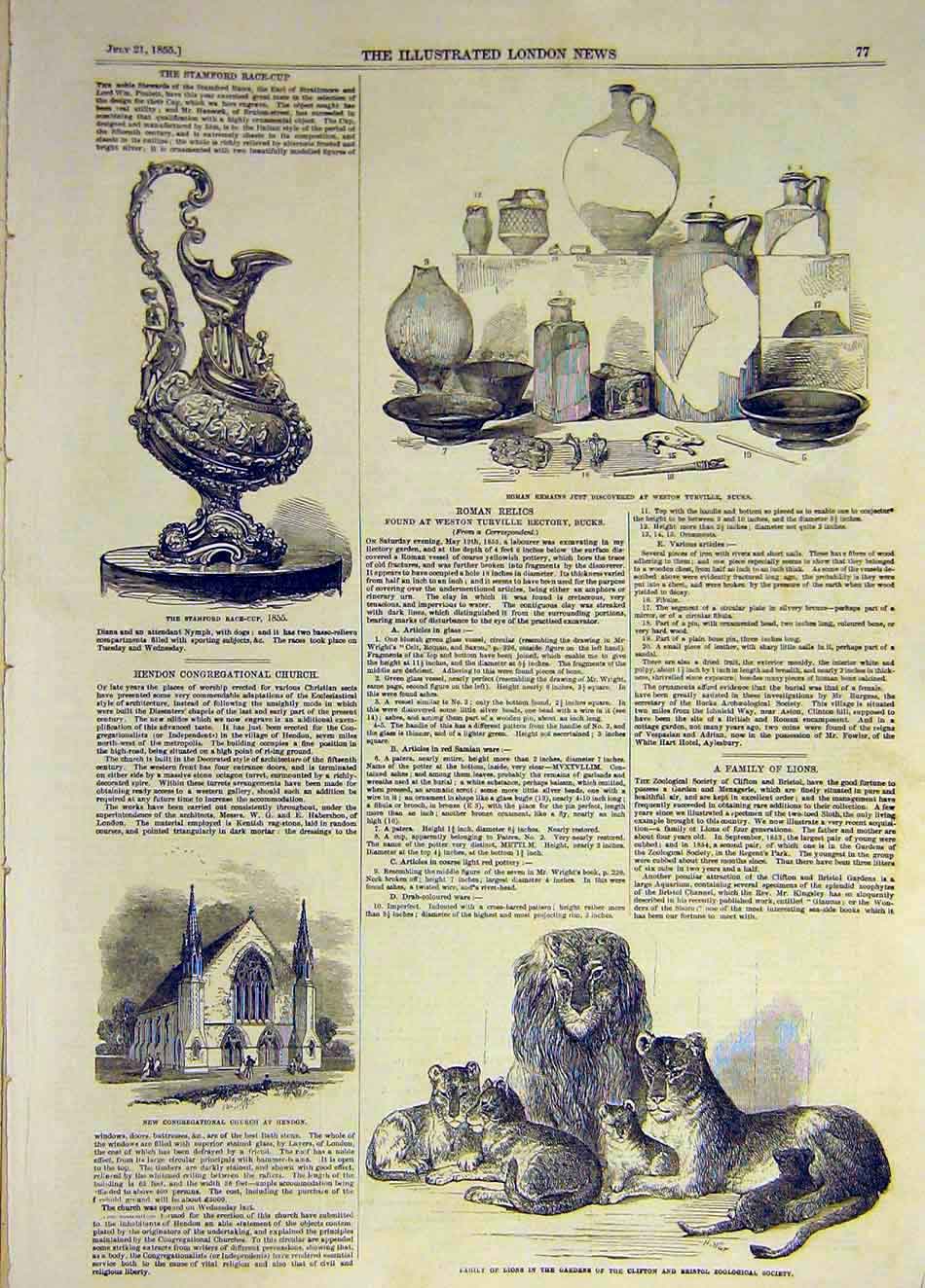 Original Old Antique Print 1855 Stamford Cup Roman Remains Bucks Hendon Lions