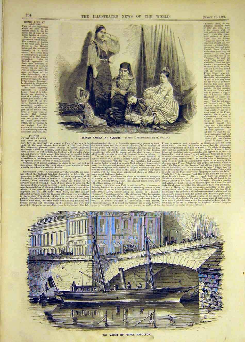 Original Old Antique Print 1860 Jewsih Family Algiers Yacht Prince Napoleon 19th