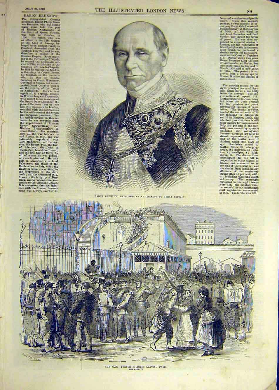 Original Old Antique Print 1870 Brunnow Russian Ambassador War French Sier 19th