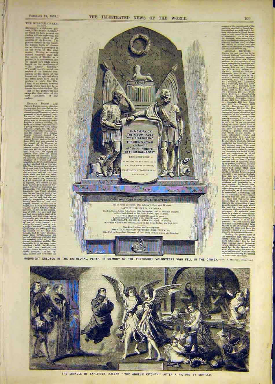 Original Old Antique Print 1859 Cathedral Perth-Shire Crimea San-Diego Miracle