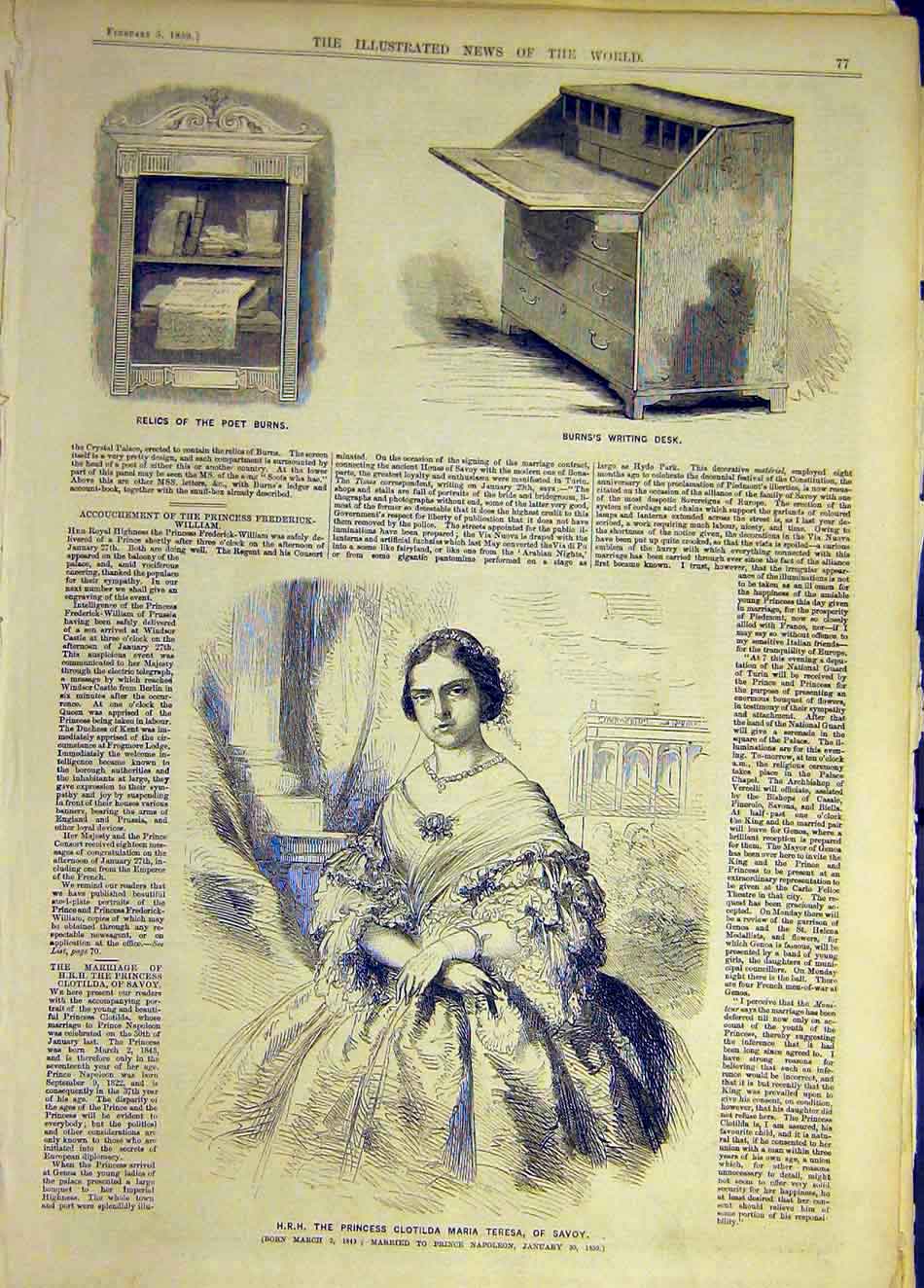 Original Old Antique Print 1859 Poet Burns Relics Desk Hrh Princess Teresa Savoy
