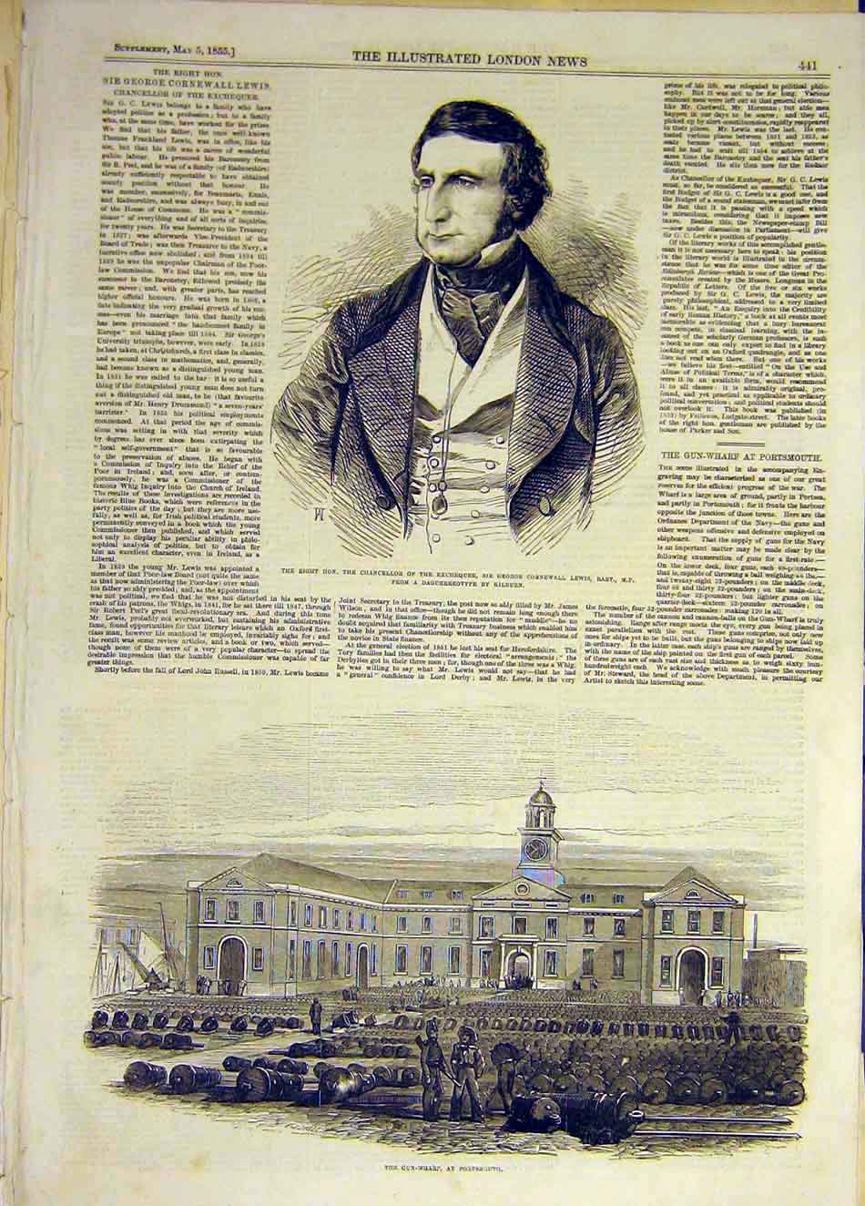 Original Old Antique Print 1855 Lewis Chancellor Exchequer Gun-Wharf Portsmouth