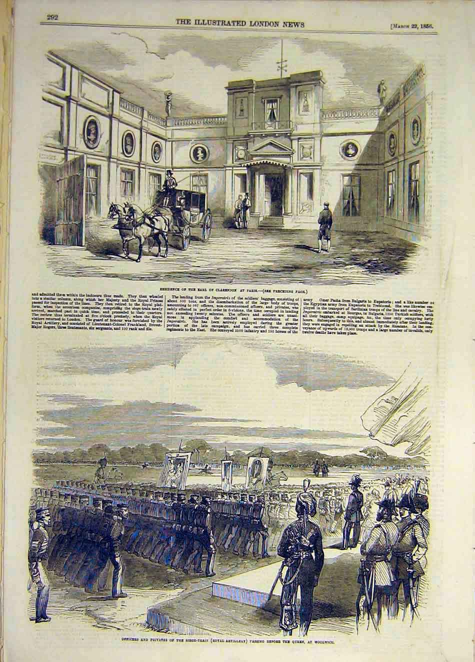 Original Old Antique Print 1856 Earl Clarendon Paris Seige-Train Woolwich Queen