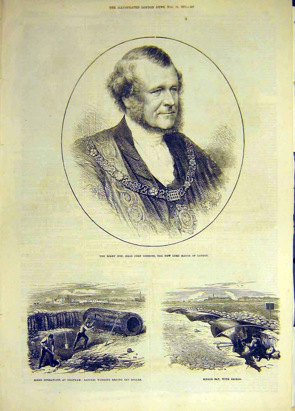Original Old Antique Print 1871 Portrait Gibbons Mayor London Chatham Sap-Roller