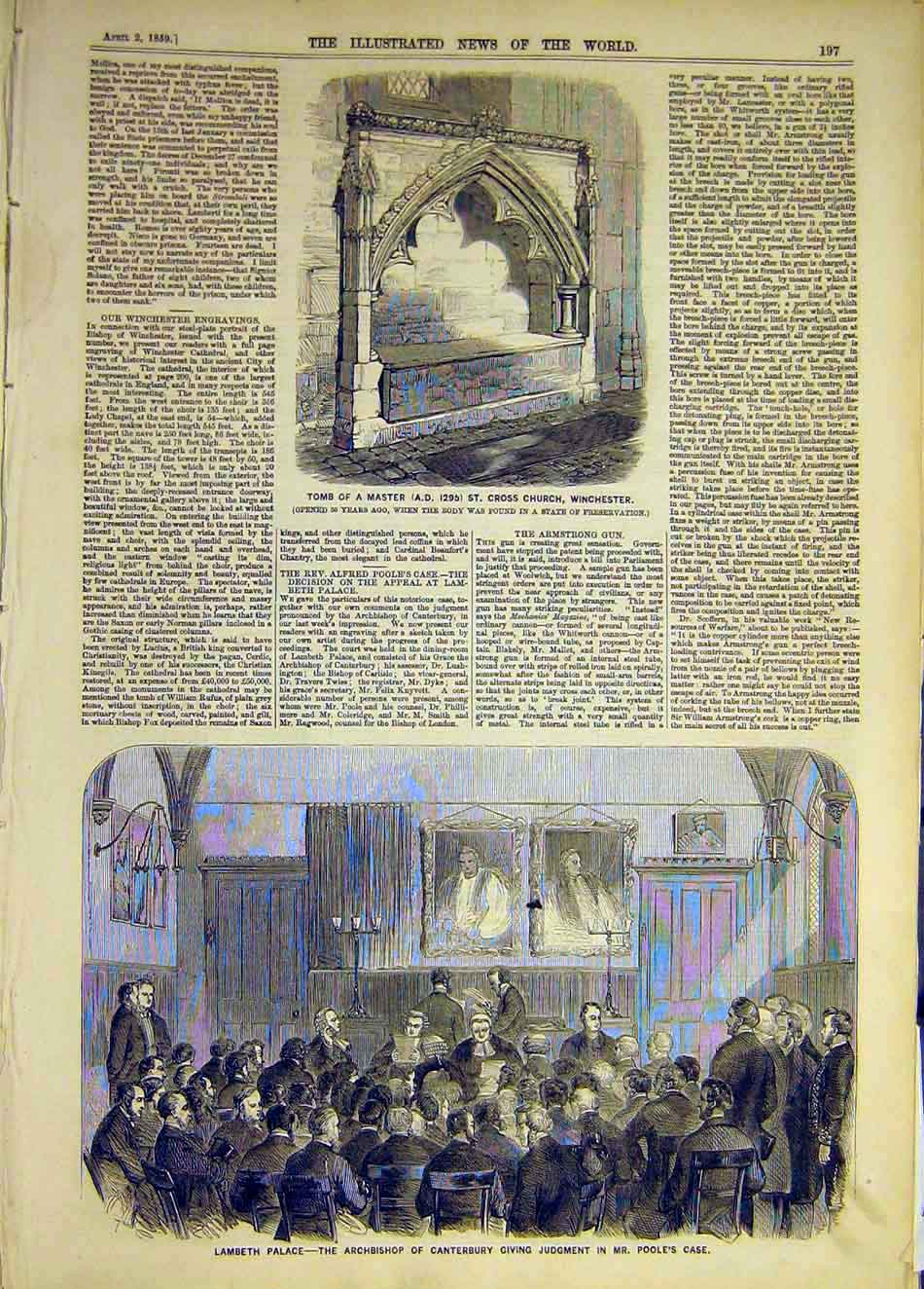 Original Old Antique Print 1859 Tomb Master Winchester Lambeth Poole Archbishop