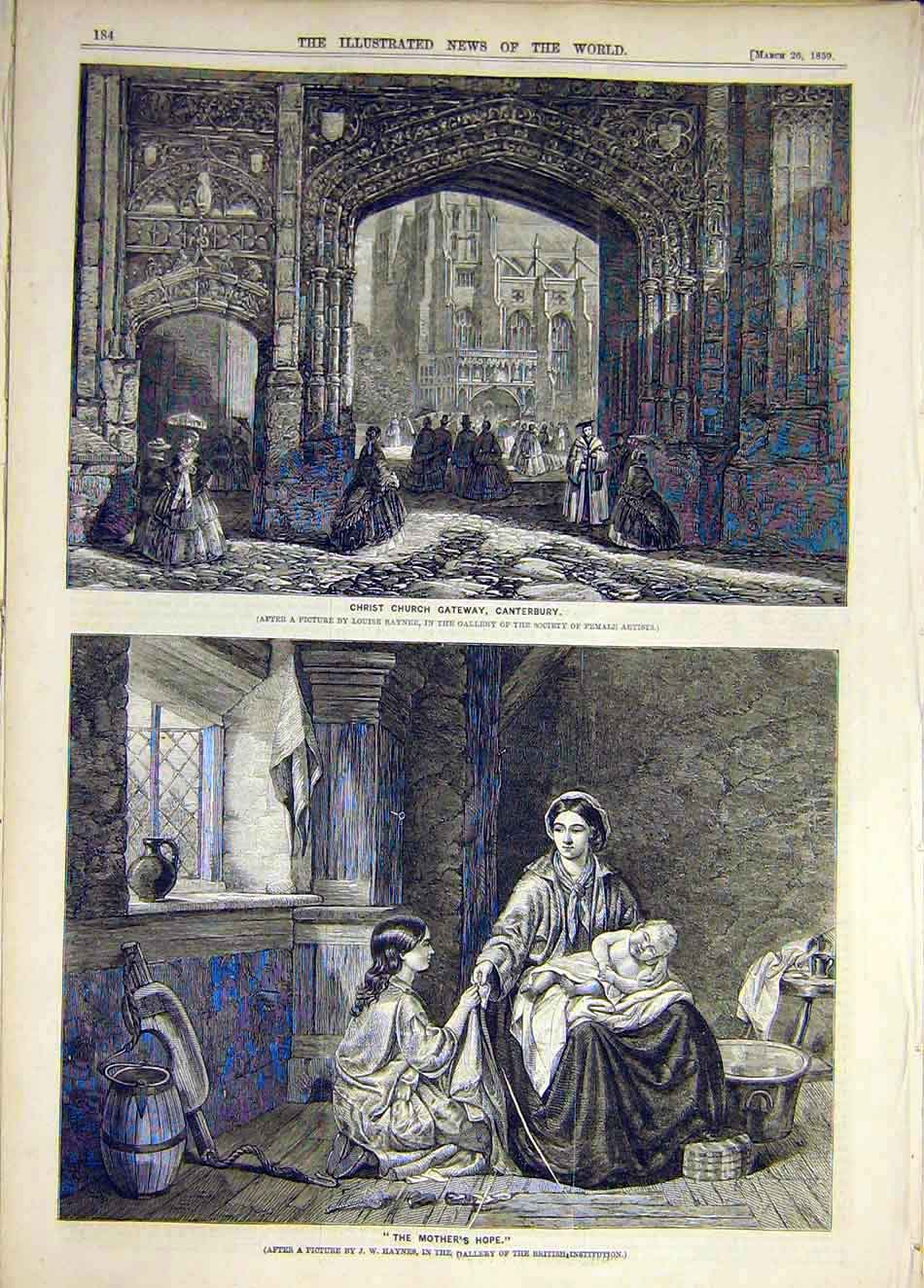 Original Old Antique Print 1859 Christ-Church Gateway Canterbury Haynes Hope