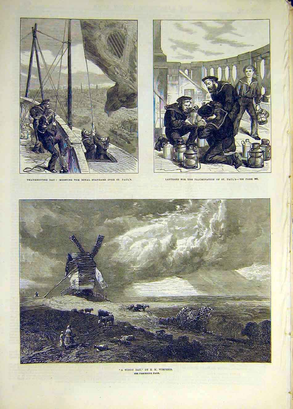 Old Antique Print 1872 St Paul'S Cathedral Royal Flag Wimperies Windmill 19th