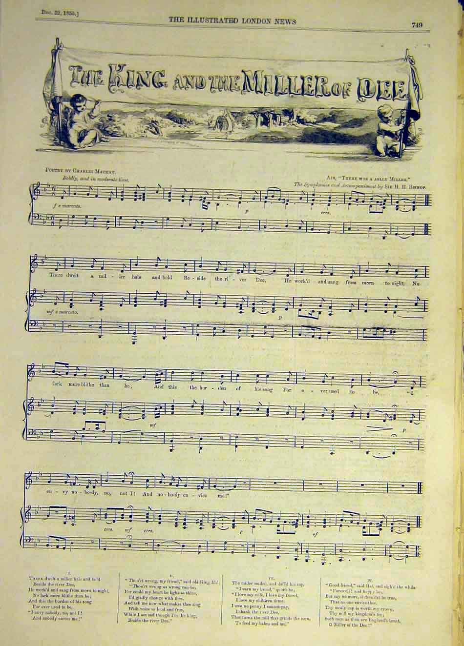 Original Old Antique Print 1855 Song Music Score King Miller Dee Mackay Bishop