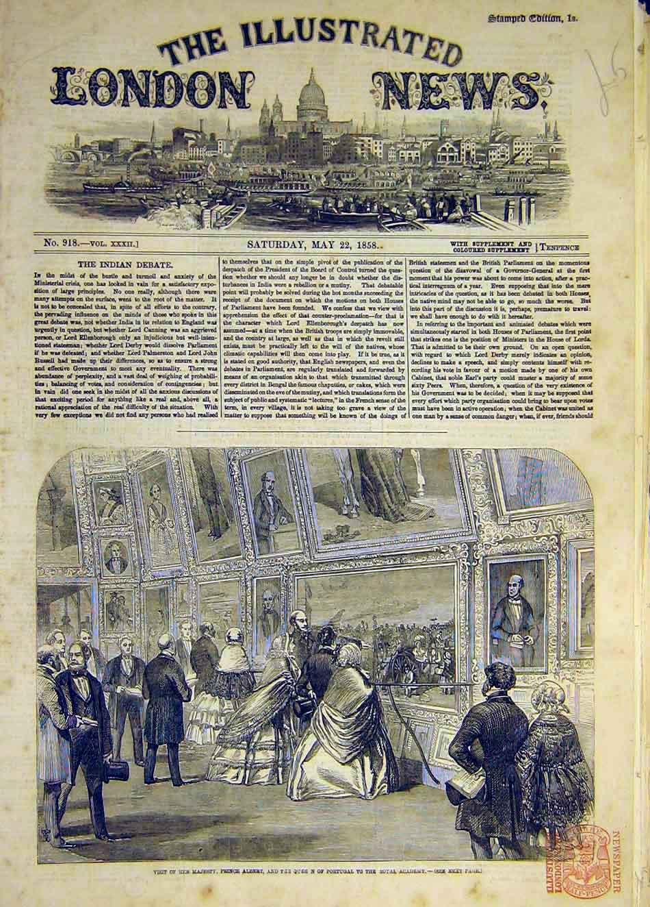 Original Old Antique Print 1858 Prince Albert Queen Portugal Royal Academy Visit