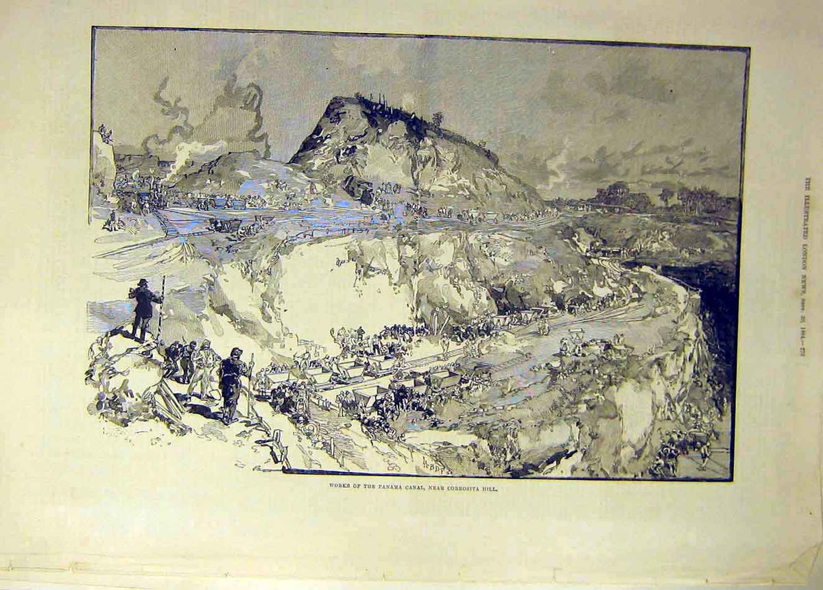 Original Old Antique Print 1884 Panama Canal Corrosita Hill Sketch Victorian