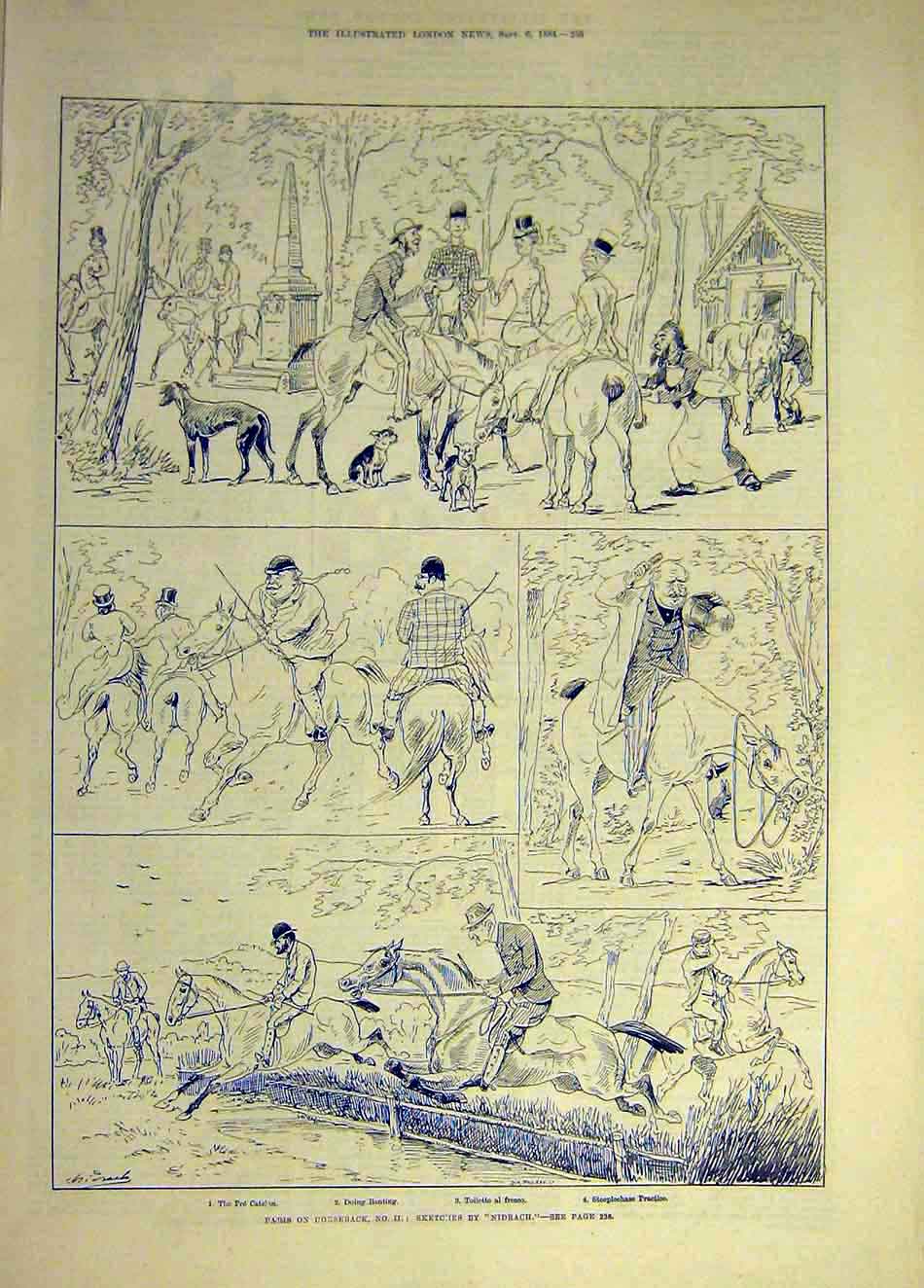 Original Old Antique Print 1884 Paris Horseback Sketches Nidrach French 19th