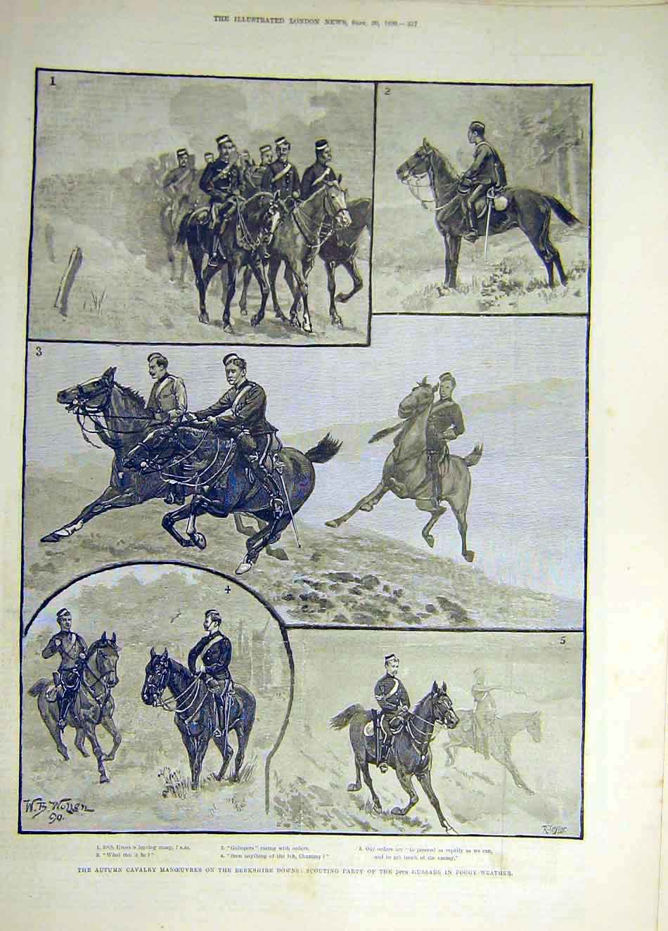 Original Old Antique Print 1890 Cavalry Manoeuvres Berkshire Hussars Scouts 19th