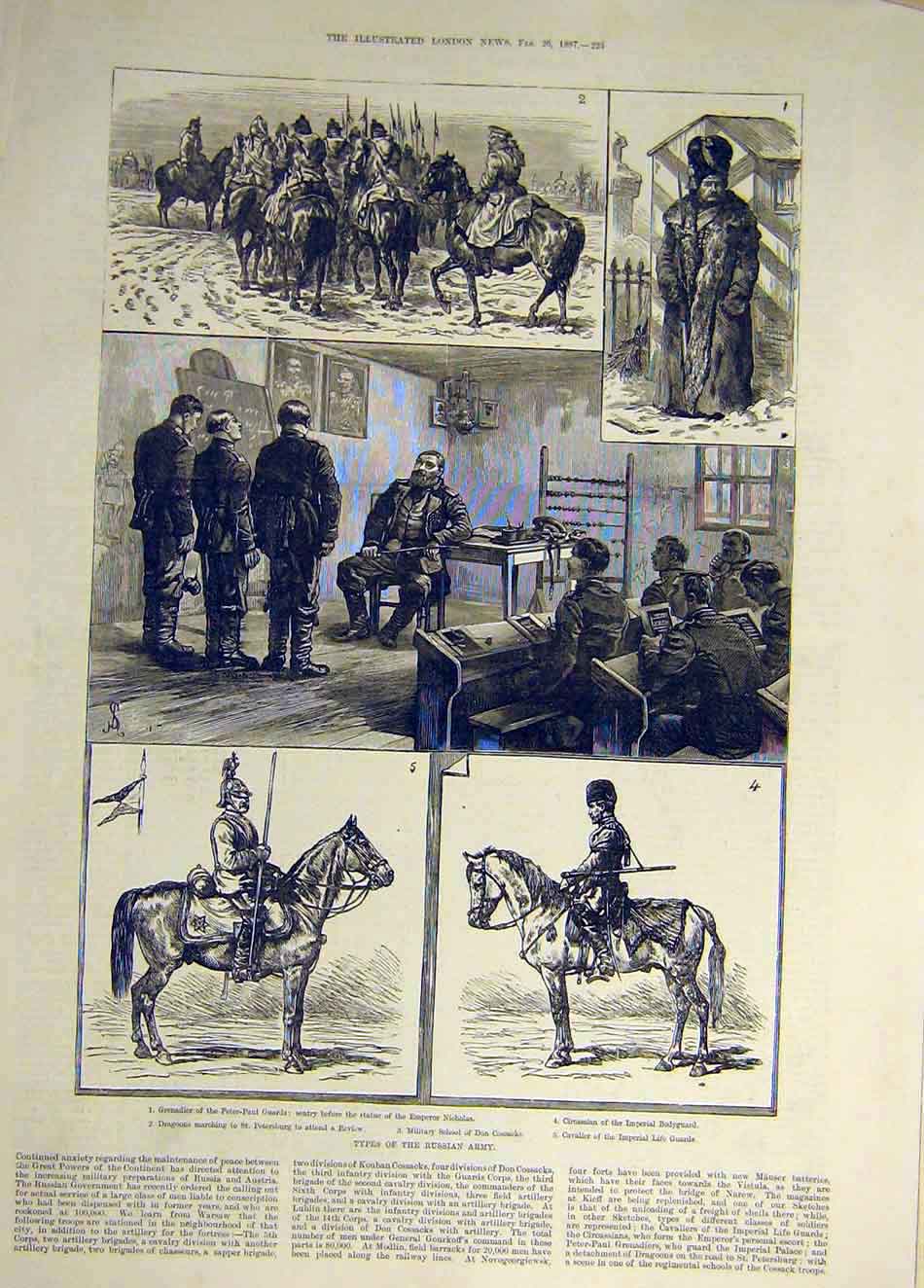 Original Old Antique Print 1887 Russian Army Uniform Grenadier Dragoon Cossack