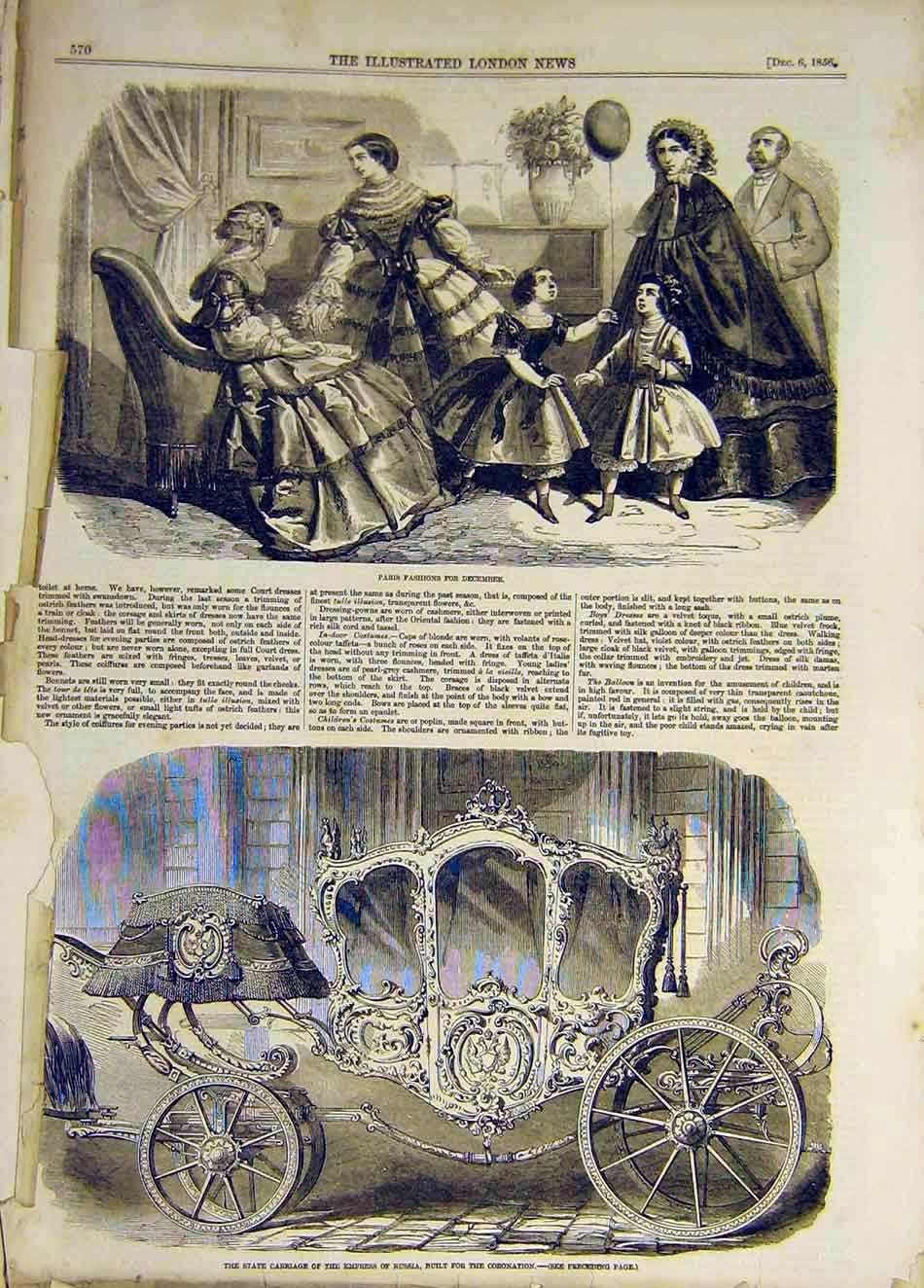 Old Antique Print 1856 Paris Fashion Ladies State Carriage Russia Empress 19th