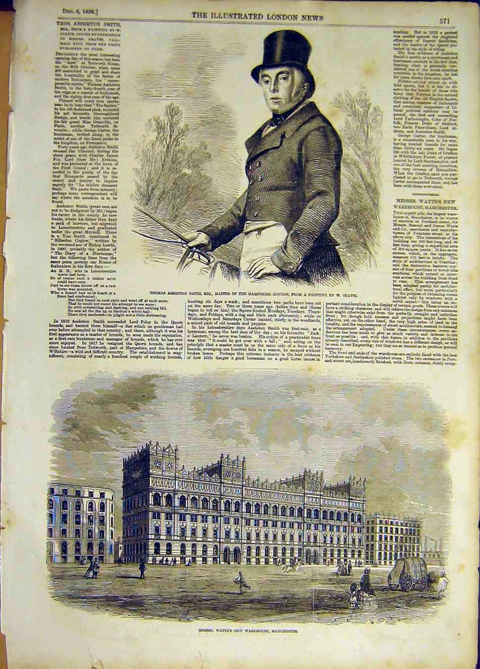 Old Antique Print 1856 Portrait Assheton Hampshire Hounds Watts Warehouse 19th