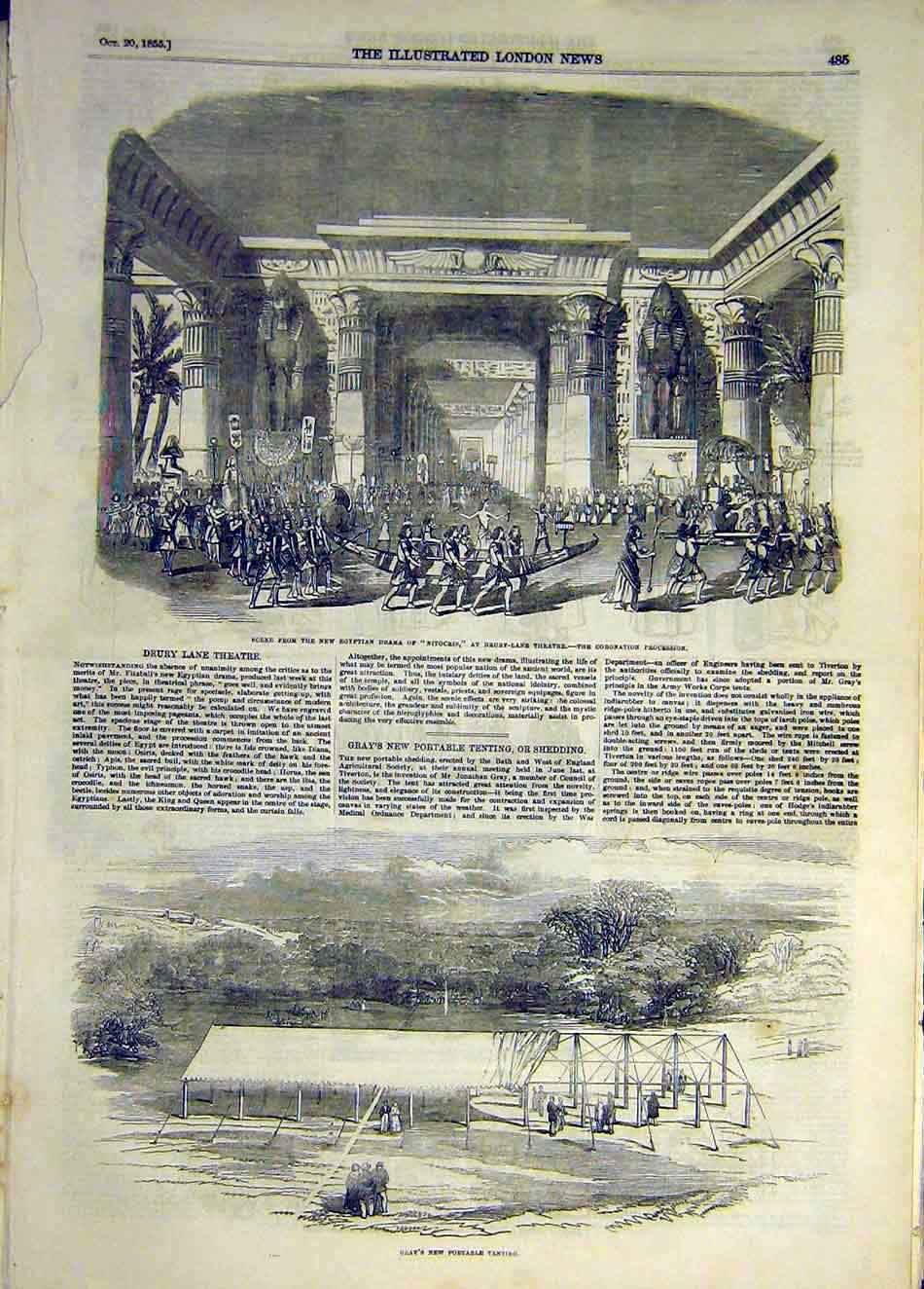 Original Old Antique Print 1855 Scene Nitocris Theatre Gray Portable Tent 19th
