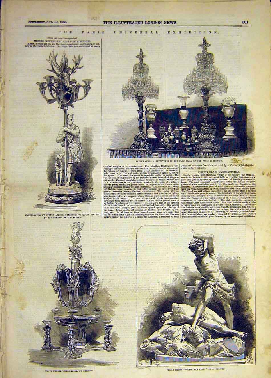 Original Old Antique Print 1855 Paris French Glass Minton Carrier Marble 19th