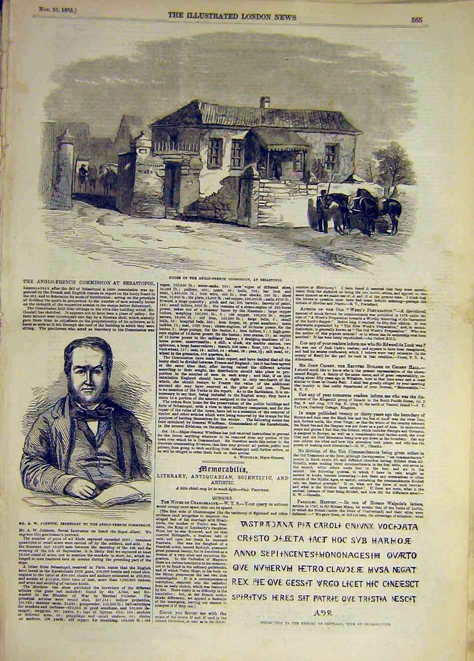 Original Old Antique Print 1855 Anglo-French Sebastopol Johnson Secretary 19th