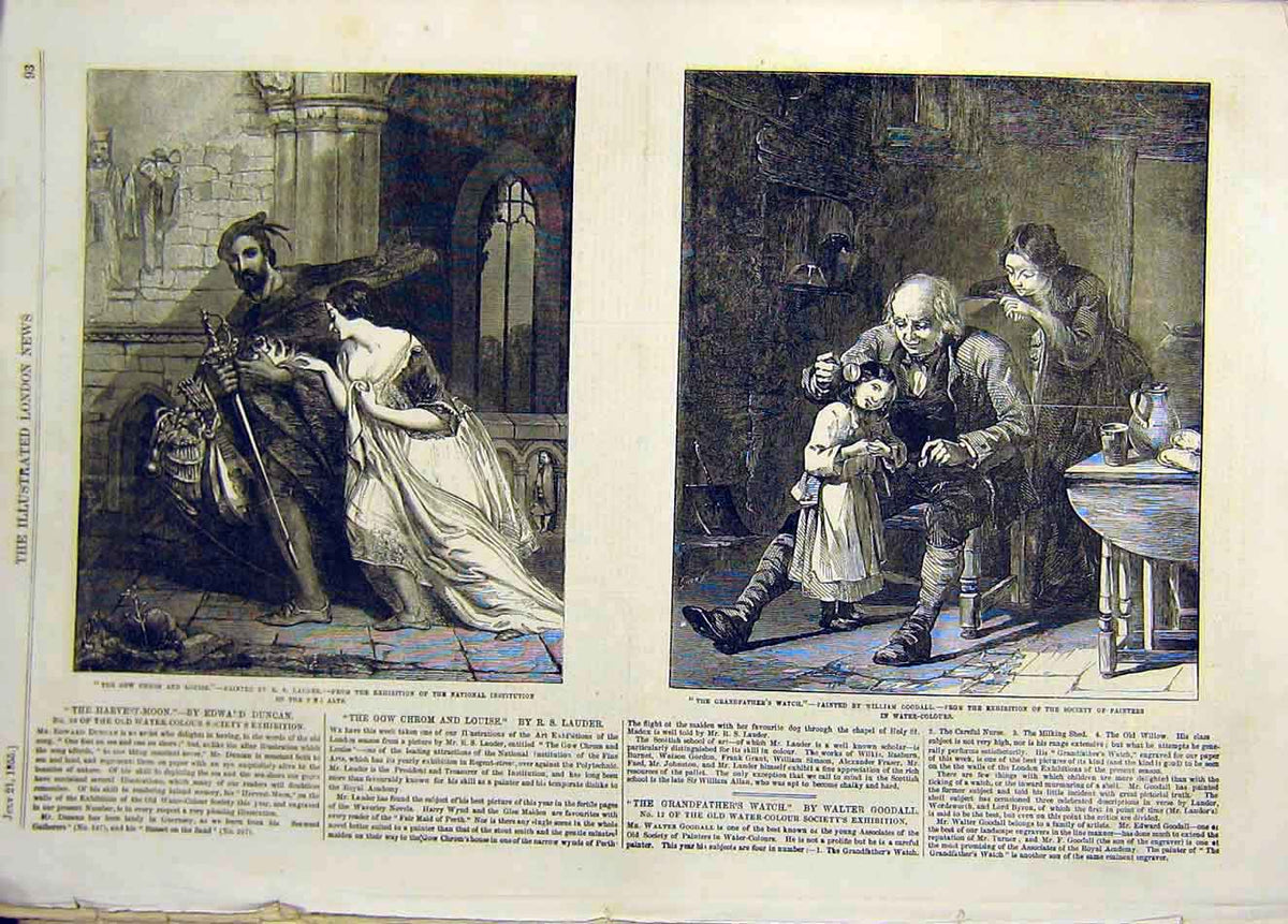 Original Old Antique Print 1855 Lauder Goodall Fine Art Lady Man Child Watch
