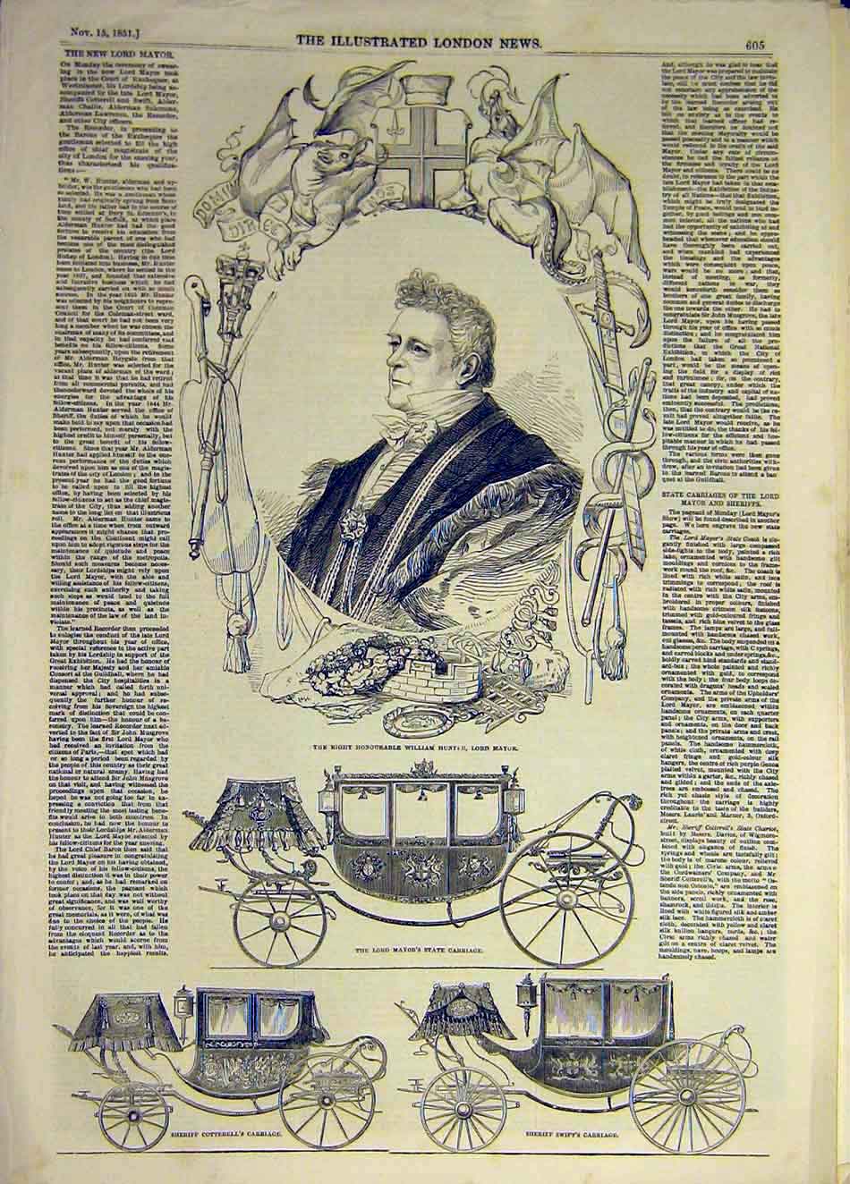 Original Old Antique Print 1851 Hunter Mayor Portrait Carriage Sheriff Cotterell