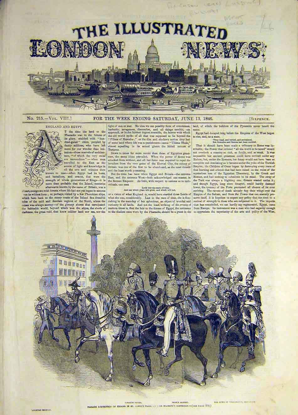 Original Old Antique Print 1846 Parade Inspection Troops Pacha Prince Albert