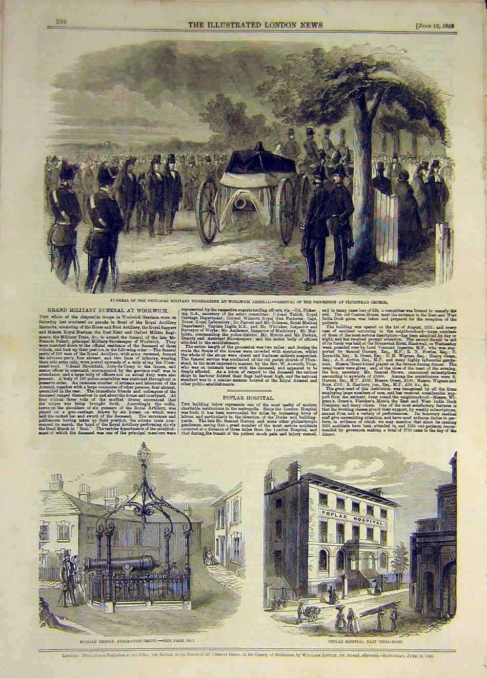 Original Old Antique Print 1858 Funeral Storekeeper Woolwich Arsenal Poplar 19th