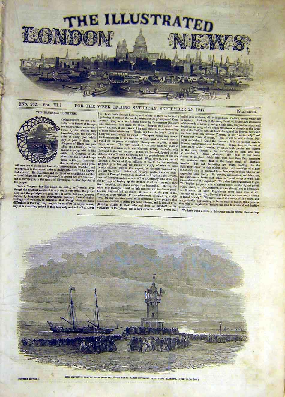 Original Old Antique Print 1847 Royal Yacht Fleetwood Harbour 19th
