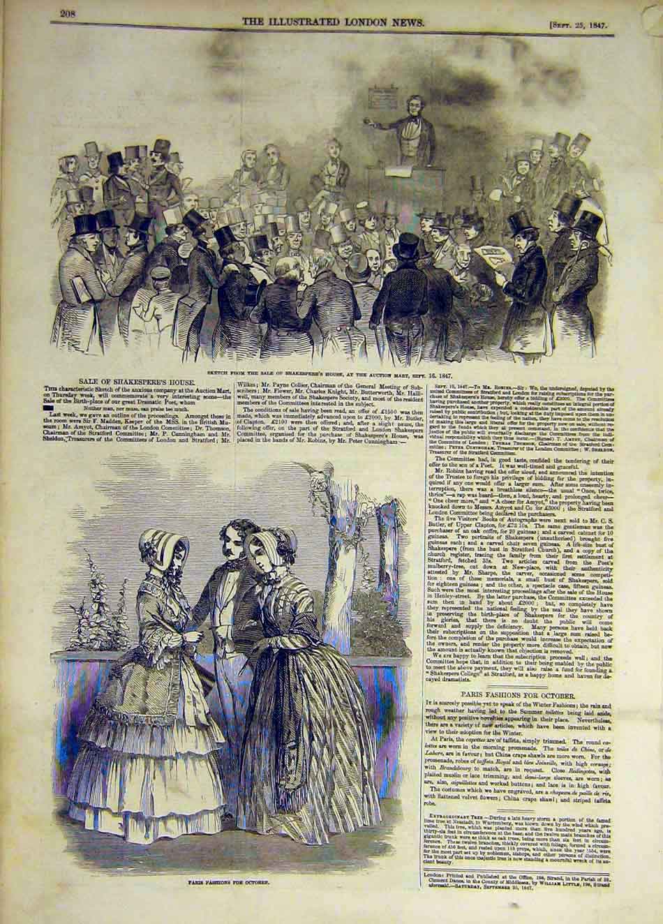 Original Old Antique Print 1847 Sketch Shakespeare House Auction Paris Fashions