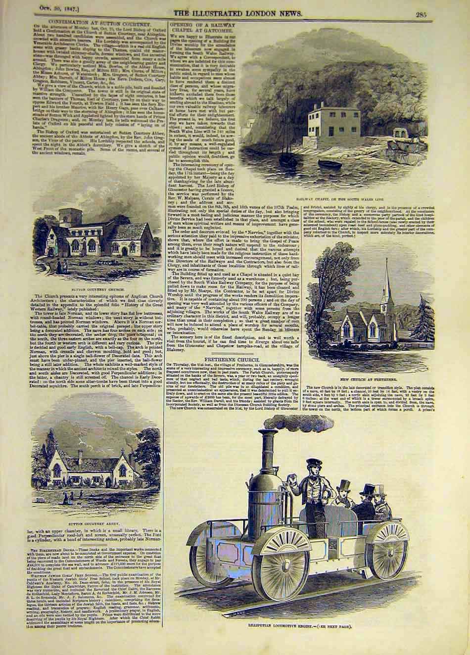 Original Old Antique Print 1847 Sutton Courtney Church Abbey Locomotive Engine